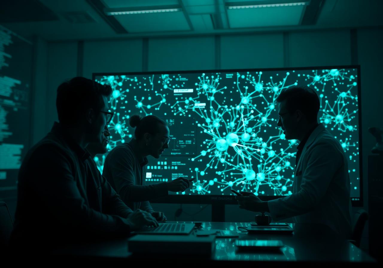 Équipe IA Data Group analysant un graphe de neurones